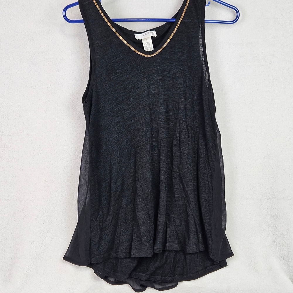 Kenar Womens Black Linen Blend Chiffon Back Tank Top Gold Bead Trim Small